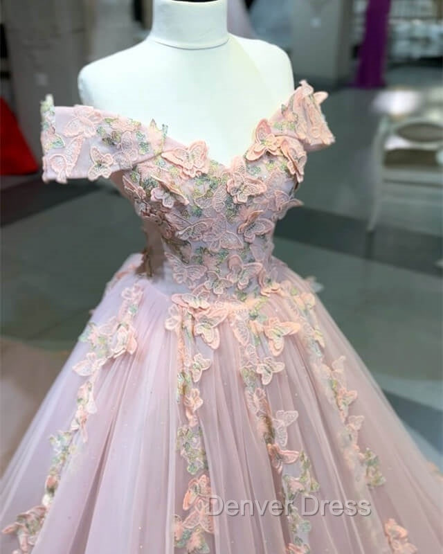 Pink Butterfly Embroidery Ball Gowns Dresses