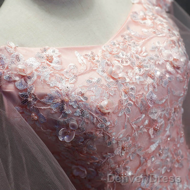 Pink Cap Sleeves Ball Gowns Tulle With Lace Sweet 16 Dress, Long Quinceanera Dresses