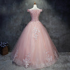 Pink Cap Sleeves Ball Gowns Tulle With Lace Sweet 16 Dress, Long Quinceanera Dresses
