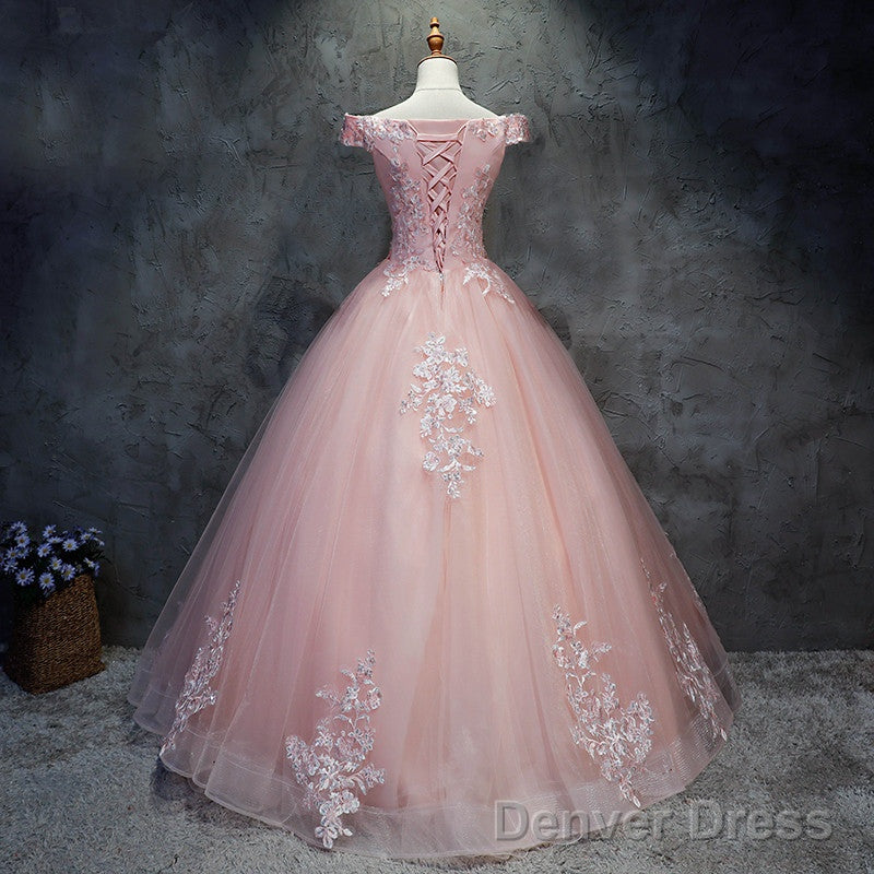 Pink Cap Sleeves Ball Gowns Tulle With Lace Sweet 16 Dress, Long Quinceanera Dresses