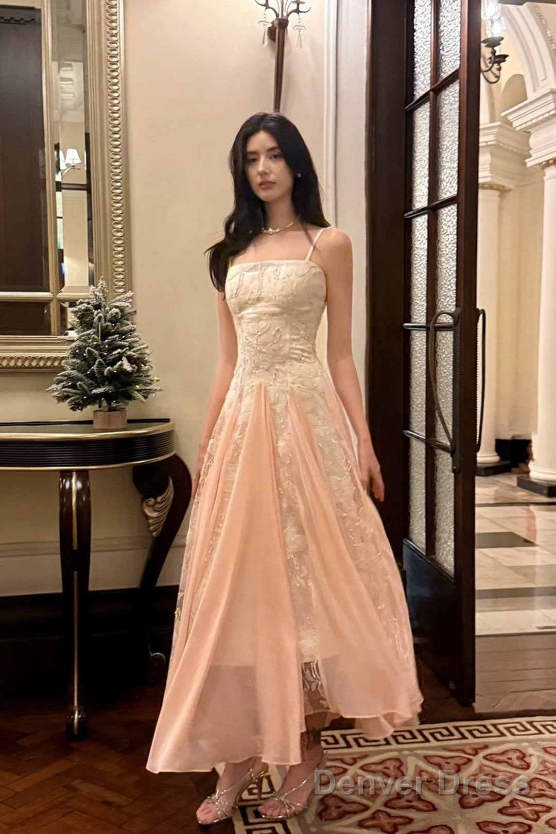 Pink Chiffon And White Lace Straps A-Line Prom Dress, Long Chic Evening Dress Party Dress