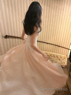 Pink Chiffon And White Lace Straps A-Line Prom Dress, Long Chic Evening Dress Party Dress