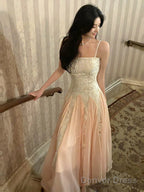 Pink Chiffon And White Lace Straps A-Line Prom Dress, Long Chic Evening Dress Party Dress