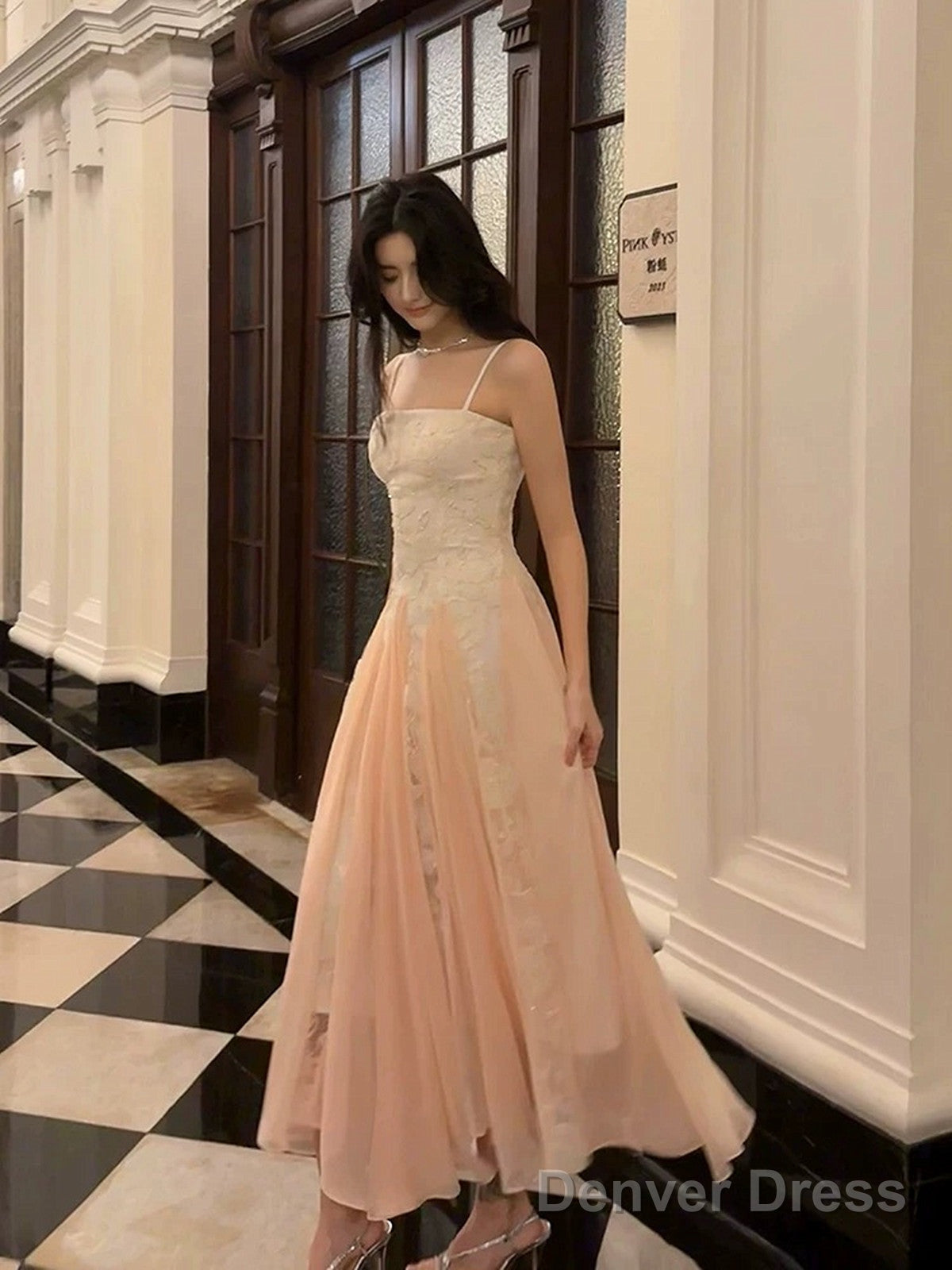 Pink Chiffon And White Lace Straps A Line Prom Dress, Long Chic Prom Dress Main image