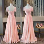 Pink Chiffon Cap Sleeves Long Bridesmaid Dress, Floor Length Pink Prom Dresses