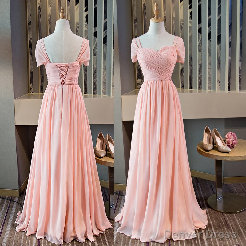 Pink Chiffon Cap Sleeves Long Bridesmaid Dress, Floor Length Pink Prom Dresses