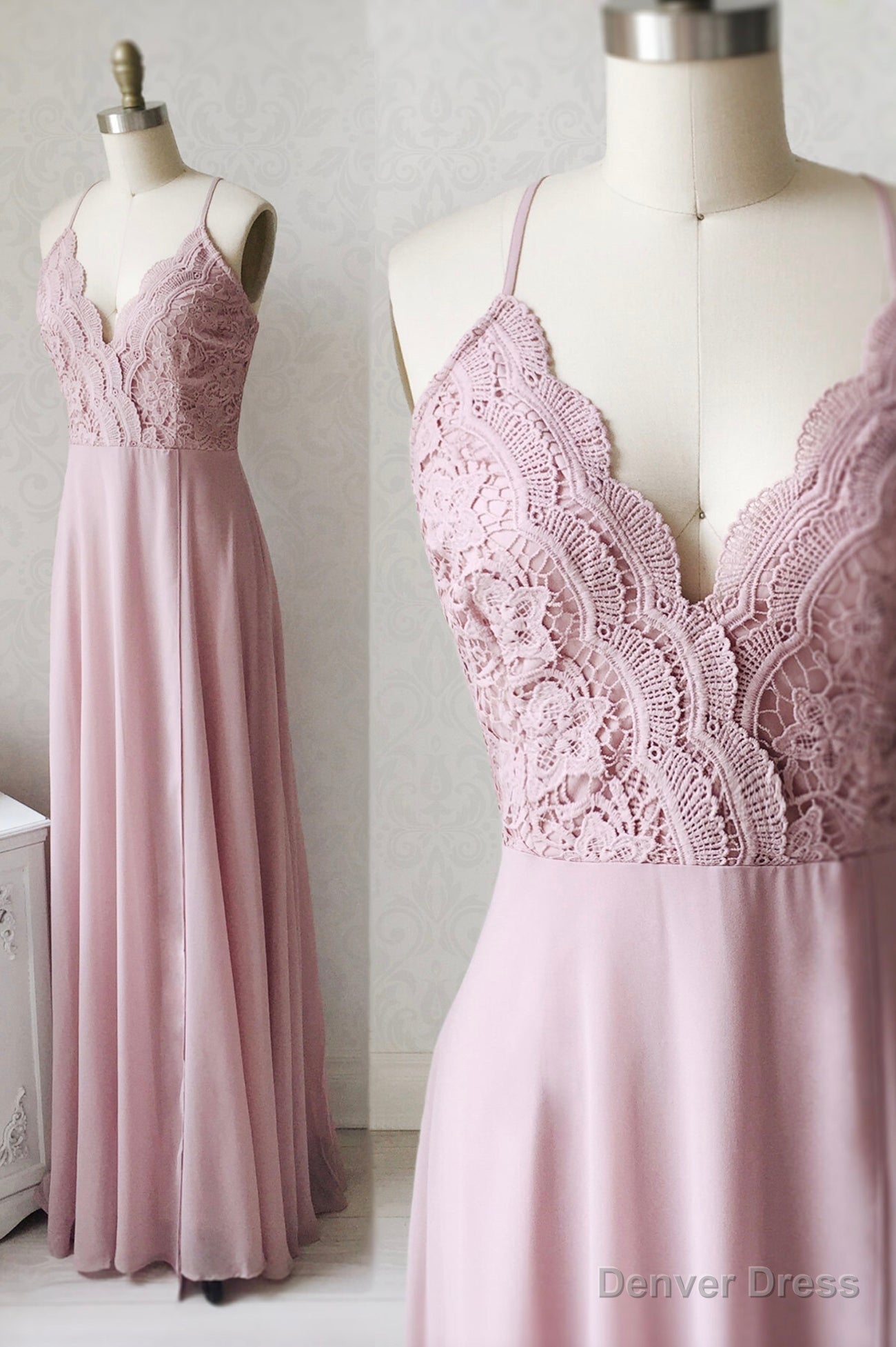 Pink Chiffon Lace Long A Line Prom Dress, Pink V Neck Prom Dresses Main image