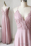 Pink Chiffon Lace Long A Line Prom Dress, Pink V Neck Prom Dresses