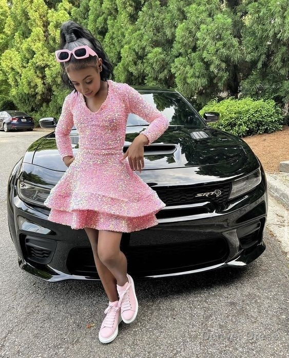 Pink Cocktail Dress A Line V Neck Long Sleeve Shiny Sequin Homecoming Dresses Main image