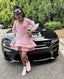 Pink Cocktail Dress A Line V Neck Long Sleeve Shiny Sequin Homecoming Dresses