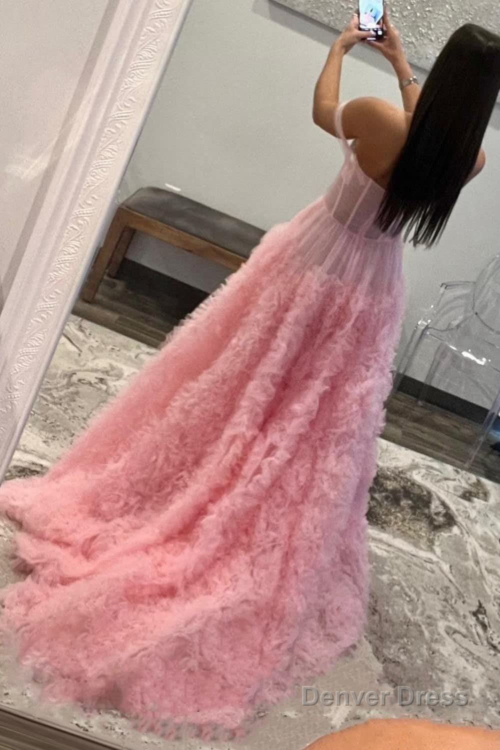 Pink Corset Off the Shoulder Long Prom Dresses with Ruffles