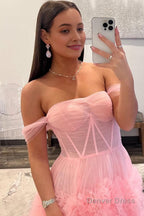 Pink Corset Off the Shoulder Long Prom Dresses with Ruffles