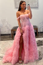 Pink Corset Off the Shoulder Long Prom Dresses with Ruffles