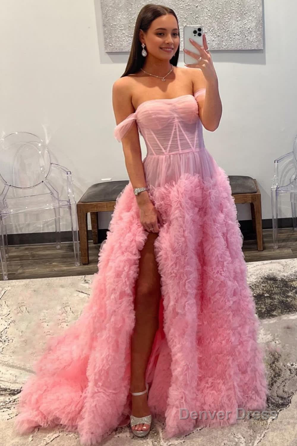 Pink Corset Off the Shoulder Long Prom Dresses with Ruffles