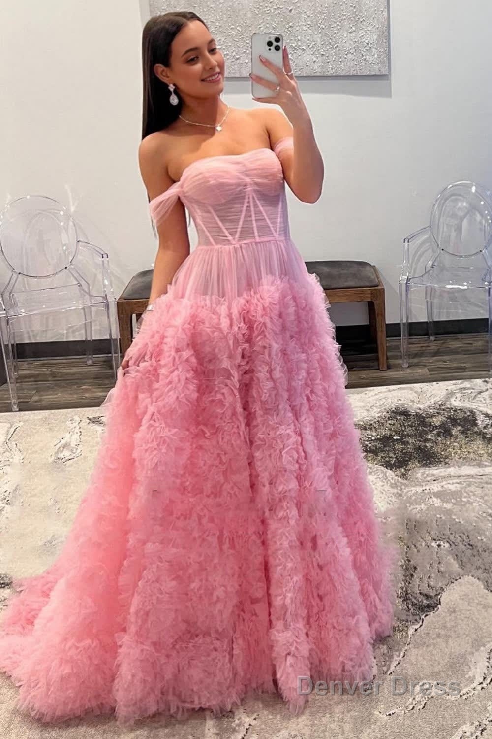 Pink Corset Off the Shoulder Long Prom Dresses with Ruffles Main image