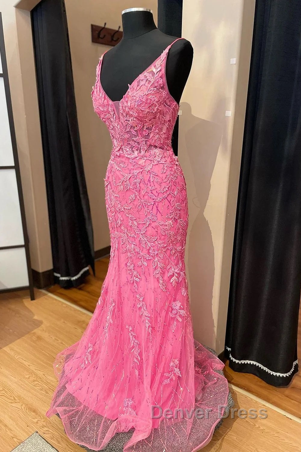 Pink Corset Prom Dresses Elegnat A Line Deep V Neck Party Evening Dresses with Appliques Secondary image