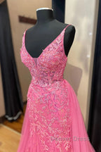 Pink Corset Prom Dresses Elegnat A Line Deep V Neck Party Evening Dresses with Appliques