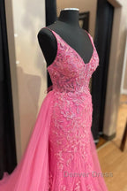 Pink Corset Prom Dresses Elegnat A Line Deep V Neck Party Evening Dresses with Appliques