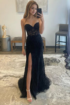 Pink Corset Sweetheart Long Lace Prom Dresses with Slit