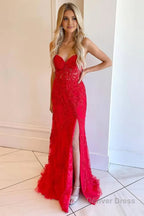 Pink Corset Sweetheart Long Lace Prom Dresses with Slit
