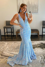 Pink Deep V Neck Mermaid Prom Dresses