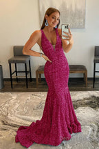 Pink Deep V Neck Mermaid Prom Dresses