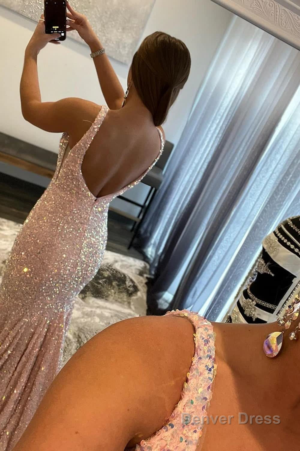 Pink Deep V Neck Mermaid Prom Dresses