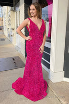 Pink Deep V Neck Mermaid Prom Dresses