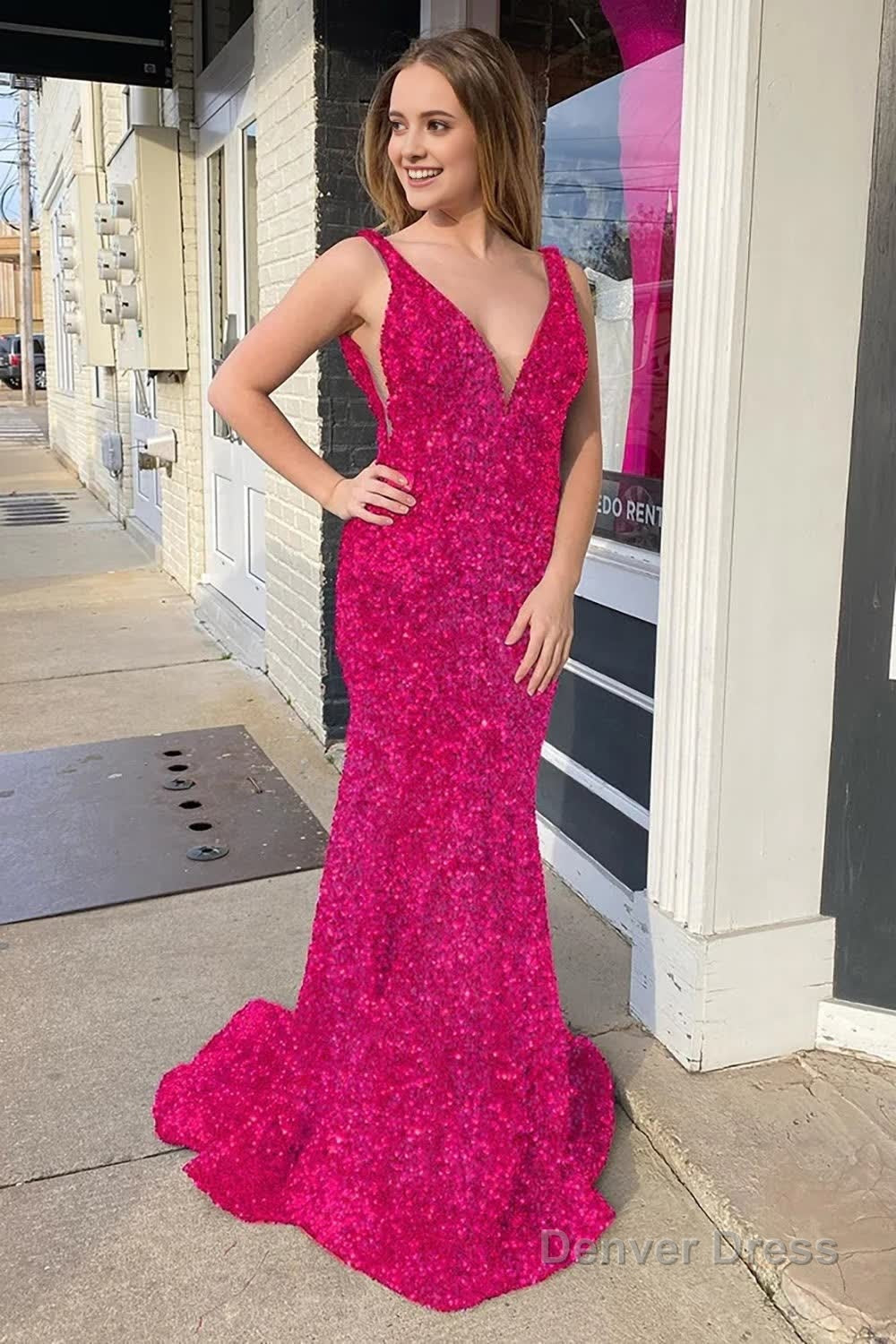 Pink Deep V Neck Mermaid Prom Dresses