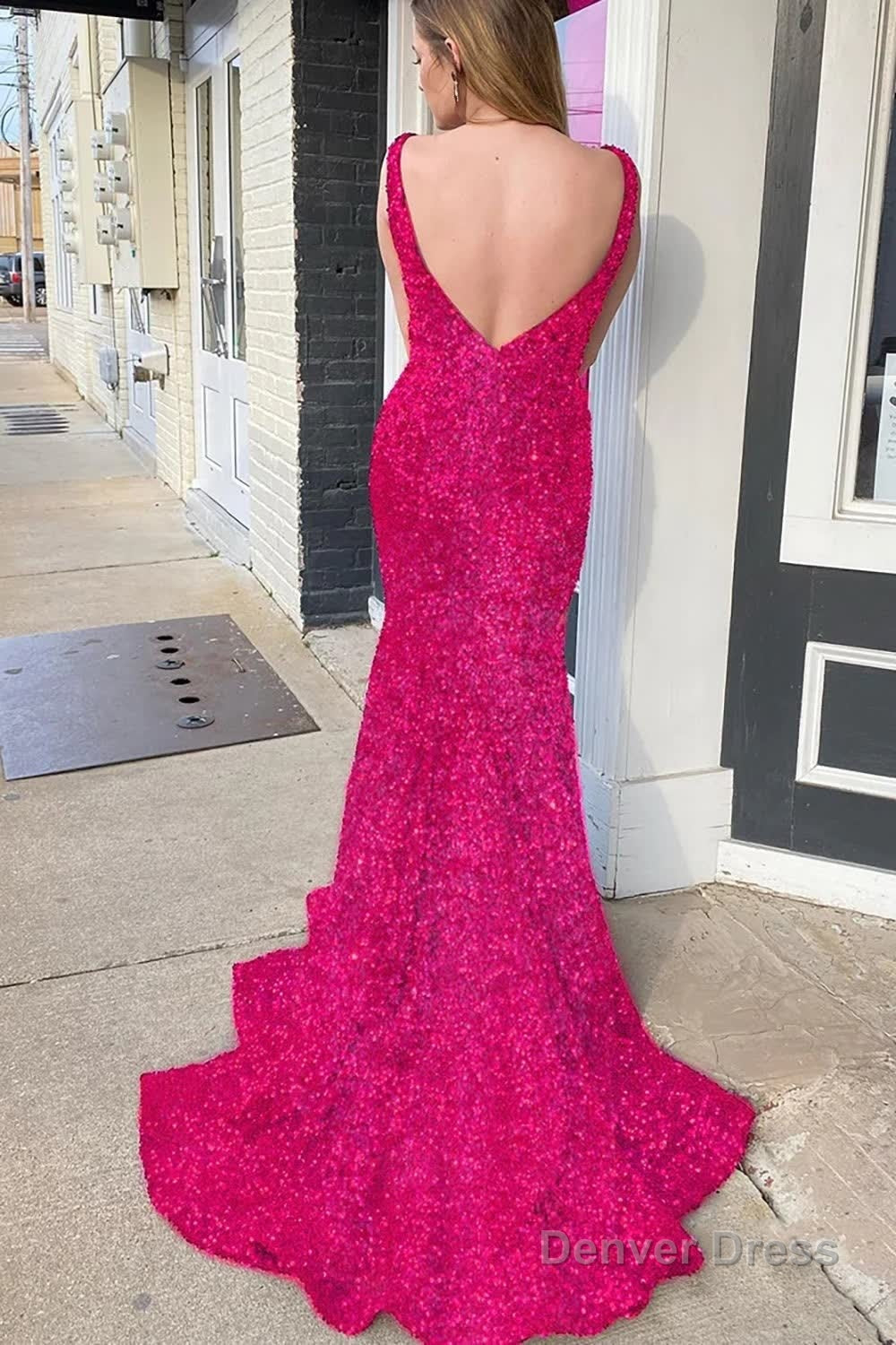 Pink Deep V Neck Mermaid Prom Dresses