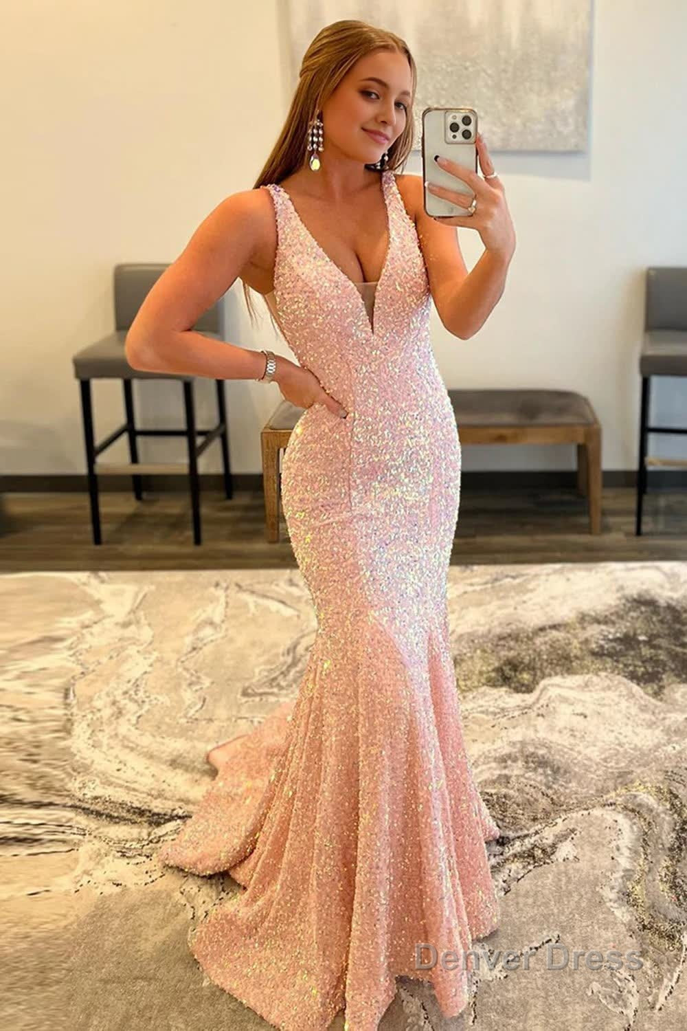 Pink Deep V Neck Mermaid Prom Dresses Main image