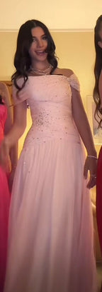 Pink Elegant A Line Off The Shoulder Beaded Chiffon Long Prom Dress