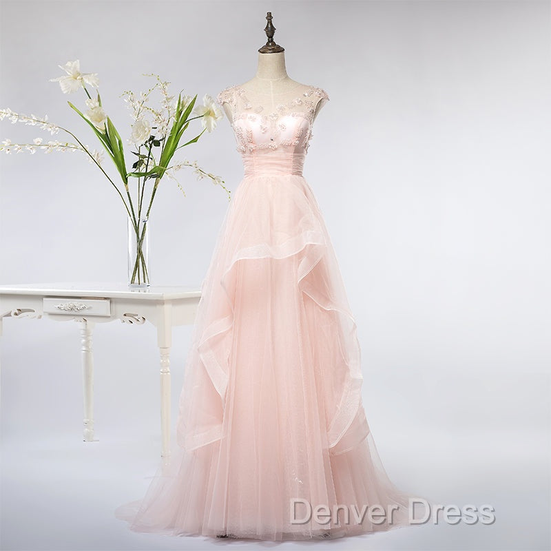 Pink Elegant Tulle A-Line Floor Length Wedding Prom Dresses, Light Pink Gowns