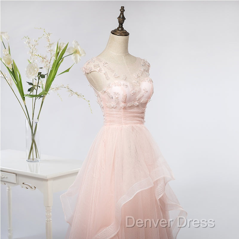 Pink Elegant Tulle A-Line Floor Length Wedding Prom Dresses, Light Pink Gowns