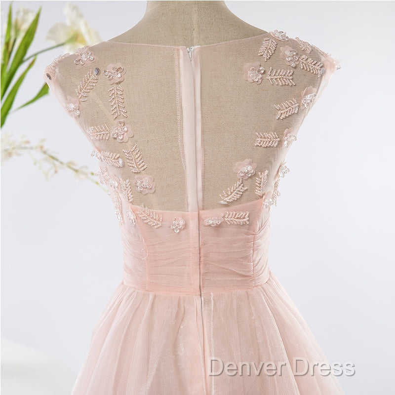 Pink Elegant Tulle A-Line Floor Length Wedding Prom Dresses, Light Pink Gowns