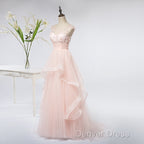 Pink Elegant Tulle A-Line Floor Length Wedding Prom Dresses, Light Pink Gowns