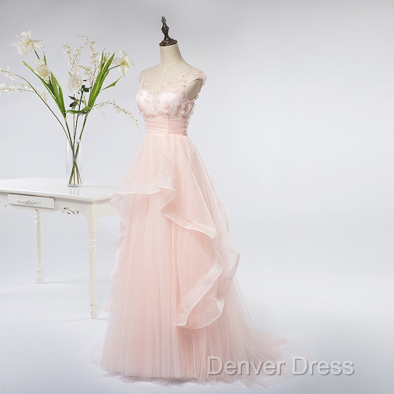 Pink Elegant Tulle A-Line Floor Length Wedding Prom Dresses, Light Pink Gowns