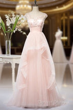Pink Elegant Tulle A-Line Floor Length Wedding Prom Dresses, Light Pink Gowns