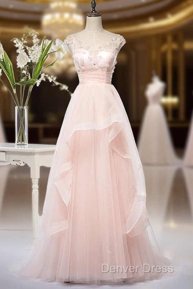 Pink Elegant Tulle A-Line Floor Length Wedding Prom Dresses, Light Pink Gowns
