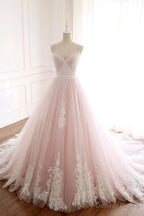 Pink Elegant Tulle V Neckline Straps Prom Dress with Lace Pink Sweet 16 Dress prom Dresses shops