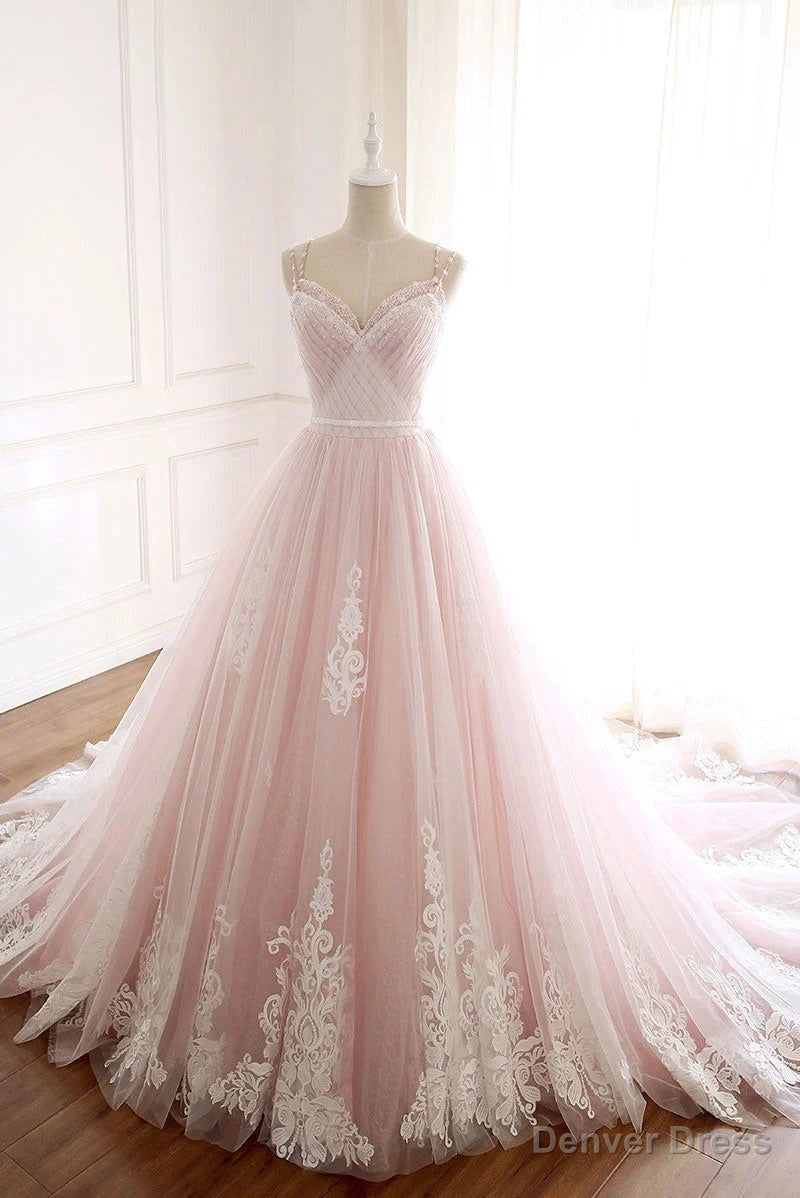 Pink Elegant Tulle V Neckline Straps Prom Dress with Lace Pink Sweet 16 Dress prom Dresses shops