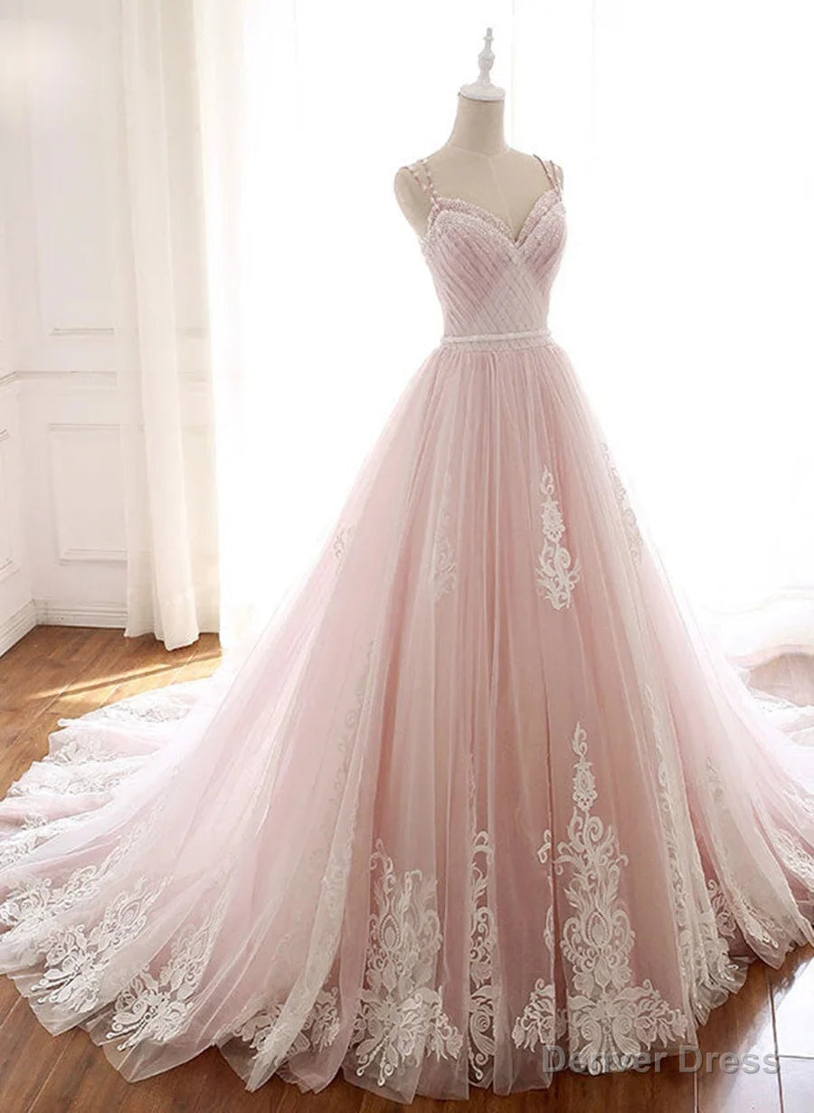 Pink Elegant Tulle V Neckline Straps Prom Dress with Lace Pink Sweet 16 Dress prom Dresses shops Main image