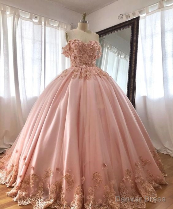 Pink Embroidered Lace Ball Gowns Quinceanera Dresses Off Shoulder