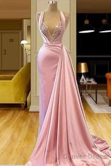 Pink Evening Dresses A-Line V-Neck Floor Length Sequins Long Turkey Dubai Saudi Arabic Evening Gown Prom Dresses