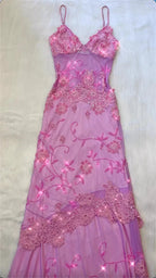 Pink Fashion Exquisite Beaded Spaghetti Strap A-Line Lace Floor Length Elegant Ball Gowns Prom Dresses