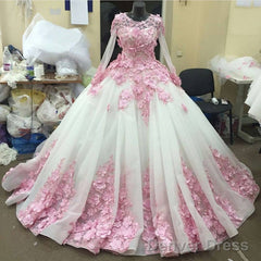 Pink Floral Flowers Long Sleeves Organza Wedding Dresses Ball Gowns