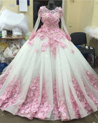 Pink Floral Flowers Long Sleeves Organza Wedding Dresses Ball Gown