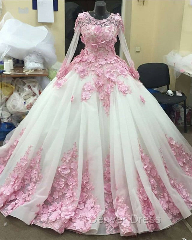 Pink Floral Flowers Long Sleeves Organza Wedding Dresses Ball Gowns
