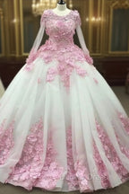 Pink Floral Flowers Long Sleeves Organza Wedding Dresses Ball Gowns