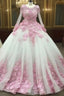 Pink Floral Flowers Long Sleeves Organza Wedding Dresses Ball Gown